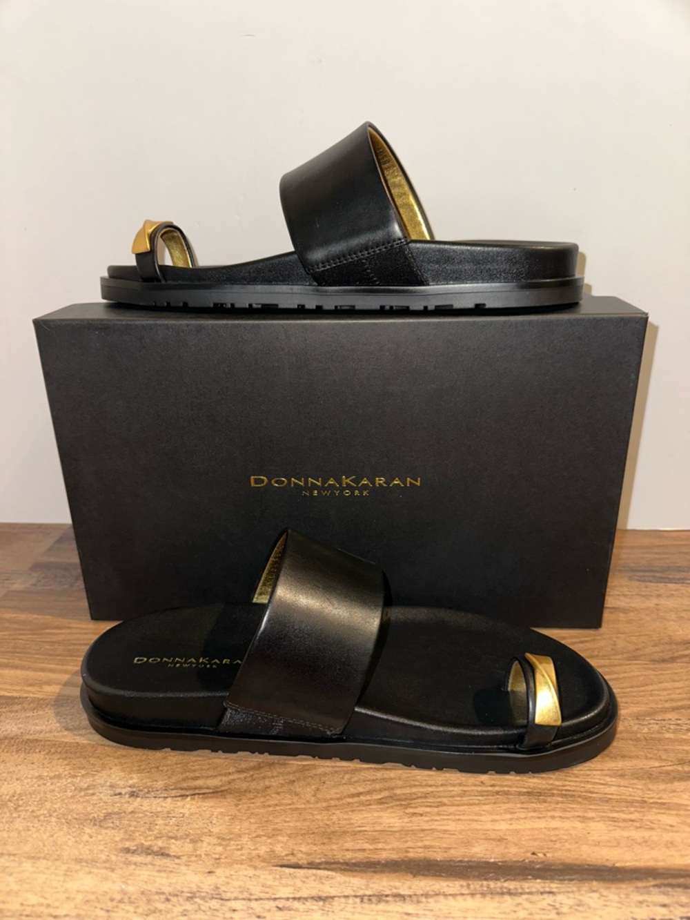 Donna Karan Black & Gold Leather Slide Sandals for women